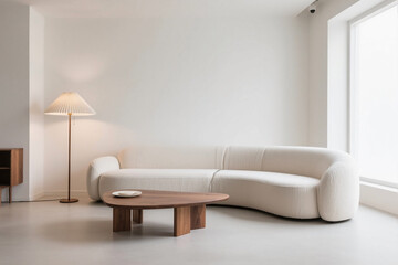 Minimalist interior featuring a curved sofa, pleated floor lamp, and modern wooden coffee table. Ideal for contemporary home design and interior decor concepts.

