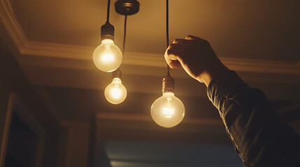 Hand Reaching for Hanging Light Bulbs