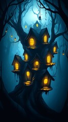 Enchanted Treehouse: A captivating illustration of a whimsical treehouse nestled amongst a dark forest. This artwork depicts a mystical ambiance, exuding charm and wonder. 