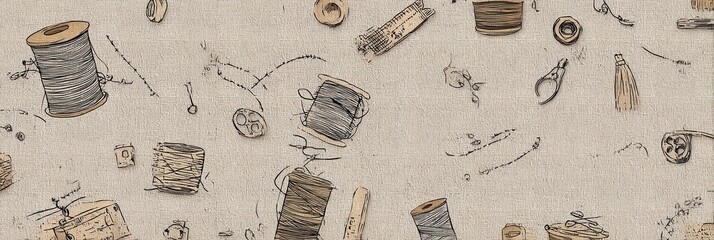 Vintage seamless background with sewing tools and threads for textile design