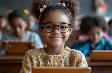 Young girl with glasses smiles while using tablet at wooden desk in classroom. Students learn in bright environment. Education tech, modern teaching, digital devices for kids.