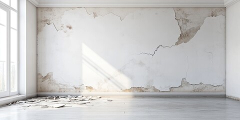 Empty room with damaged wall and debris