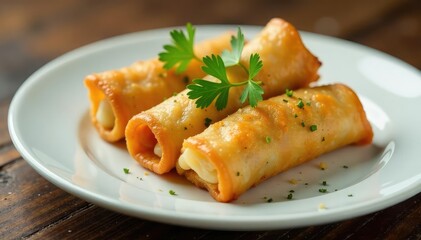 Crispy spring rolls, garnished with cilantro, on a white plate, tasty, plate