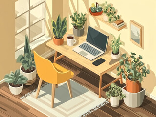 Isometric illustration of a cozy workspace with a yellow chair, lush green plants, and sunlight pouring in