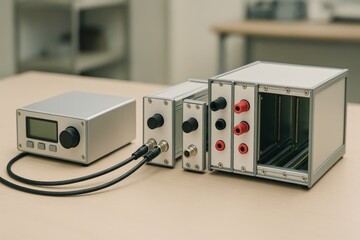 Obraz premium professional tool instrument efficiency concept. Modern electronic equipment on a workspace with connectors and controls.