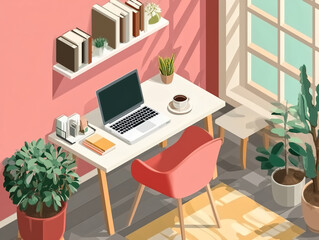 Fototapeta premium Isometric illustration of a home office with a coral pink wall, indoor plants, and a laptop desk under sunlight