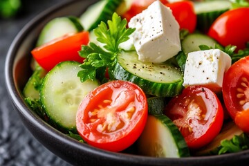 Fresh salad with cucumber, tomatoes, and feta cheese