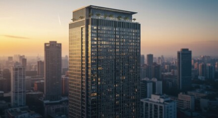 Obraz premium Modern skyscraper at sunset with city skyline and vibrant colors