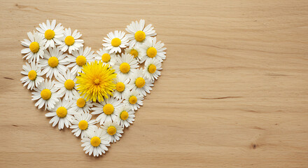 Obraz premium Delicate natural floral heart arrangement with a vibrant yellow dandelion center on a smooth light wooden background, concept for spring celebrations, romantic greeting cards and wellness promotions