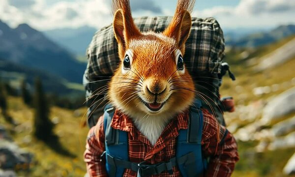 A smiling squirrel wearing a plaid shirt and a backpack, hiking in the mountains