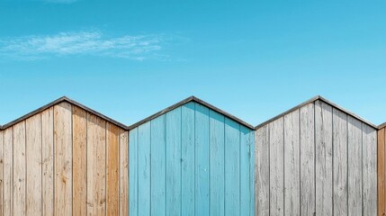 Three wooden huts with a blue sky in the background. the huts are arranged in a triangular formation, with the topmost hut on the left, the middle one in the center, and the bottom one on the right.
