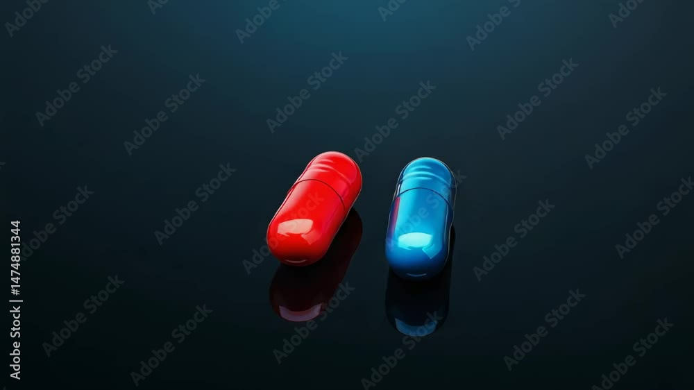 Poster red and blue pills laying on reflective black surface, representing complex decision making process 