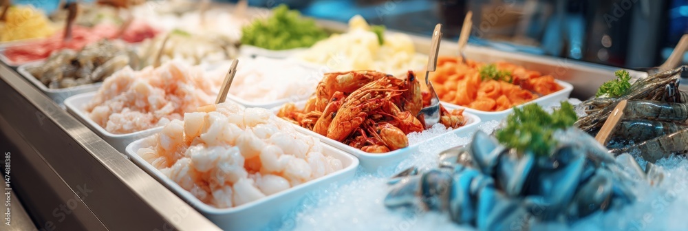 Poster Delicious Seafood Display Featuring an Array of Fresh Selections Presented in an Ice Cream Scoop Style at a Market Location