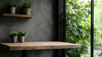 Corner of a room with a large window on the right side. the window has a view of greenery outside.