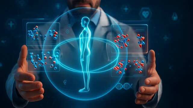 Doctor Holding Holographic Human Body Scan Surrounded by Molecule Structures Representing Digital Anatomy and Genetic Study

