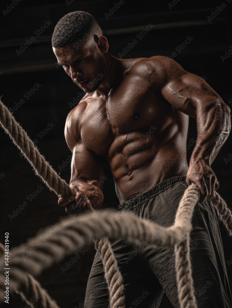 Poster building strength with rope training and showcasing upper body muscles in a dynamic gym setting