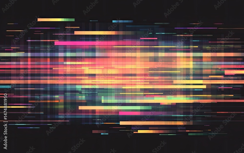 Poster abstract digital art with vibrant, moving lines across a grid pattern. colorful streaks and pixels c