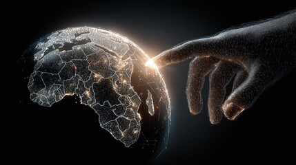 Digital Earth Touch: A glowing hand made of light touches a digital earth globe against a dark backdrop, symbolizing connection and innovation.