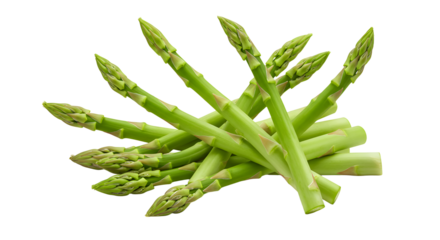 Fresh green asparagus stalks arranged artistically on a white background, ideal for culinary and health-related content