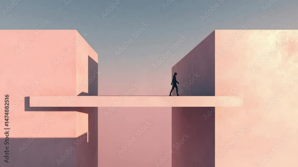 Poster businessman walks on bridge connecting two buildings, symbolizing a difficult choice between two opt