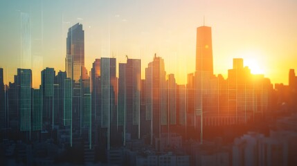 Fototapeta premium An overlay of financial bar graphs soaring alongside renewable energy buildings, symbolizing growth and sustainability in finance.