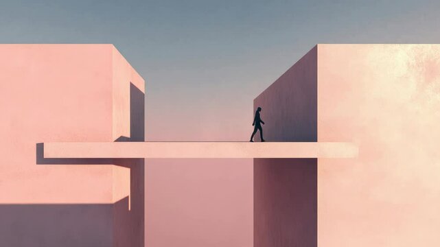 Businessman walks on bridge connecting two buildings, symbolizing a difficult choice between two options, representing concepts like decision making, career paths, and life choices