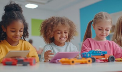 Happy diverse school children students group building robotic vehicle robot cars using tablet computer education software apps. Kids learning programming sit at table at STEM coding engineering