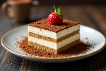 Individual serving of tiramisu, showing rich texture and coffee dusting , culinary art, pastry
