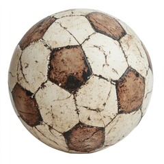 Aged soccer ball, with a distressed, weathered appearance.  Patches of brown and off-white on the surface, showing signs of wear