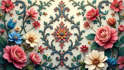 Intricate floral damask design in muted tones , wallpaper, design, seamless
