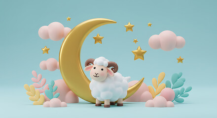 Fluffy white sheep standing by golden crescent moon 3D render for Eid al-Adha celebrations, holiday greetings, and social media posts