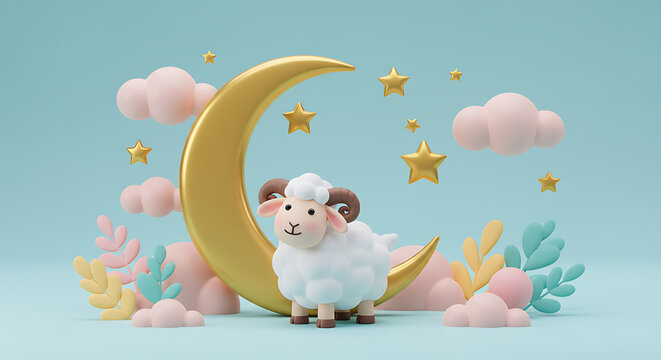 Fluffy white sheep standing by golden crescent moon 3D render for Eid al-Adha celebrations, holiday greetings, and social media posts - Powered by Adobe