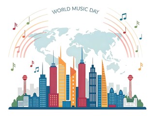 Fototapeta premium illustration of a city skyline with sound waves rising above, symbolizing World Music Day, clean and modern design on white background
