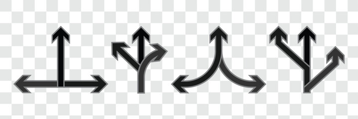 Three way direction arrow icon. Traffic directions arrow icon set.