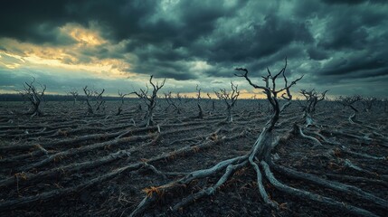 Apocalyptic Landscape: A Bleak, Stormy Scene of Dead Trees Under a Dark Sky