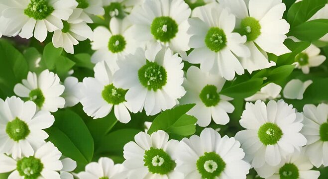 Bunch of white flowers with green leaves are scattered on a grey surface The flowers are in various stages of bloom with some fully open and others partially closed 4K