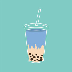 Flat style illustration of a bubble tea drink in a transparent cup with a straw, featuring creamy layers and tapioca pearls, ideal for beverage menus, cafe designs, and food-themed projects.