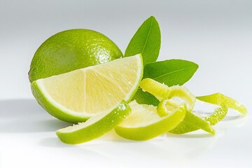 Juicy lime wedges and zest displayed on a bright surface, showcasing its vibrant green color and freshness