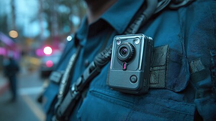 Body-worn camera attached to uniform. The device is strapped on the chest, capturing events from the wearer's perspective for accountability and transparency.