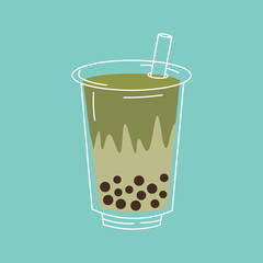 Flat style illustration of a green bubble tea drink in a clear plastic cup with a straw, featuring tapioca pearls and a wavy gradient design, ideal for beverage-themed projects and summer concepts.