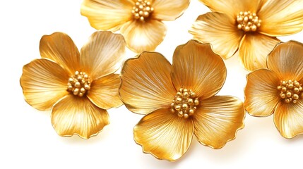 Arrangement of several golden metallic flowers on a white background