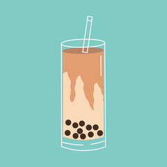 Flat style illustration of a tall glass of brown sugar bubble tea with tapioca pearls and a straw, ideal for beverage-related projects, cafe branding, and modern drink-themed designs.