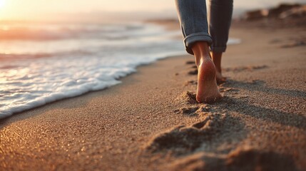 Barefoot stroll at sunset on a sandy beach. Ocean waves gently washing ashore. Calming seascape evoking relaxation and freedom.
