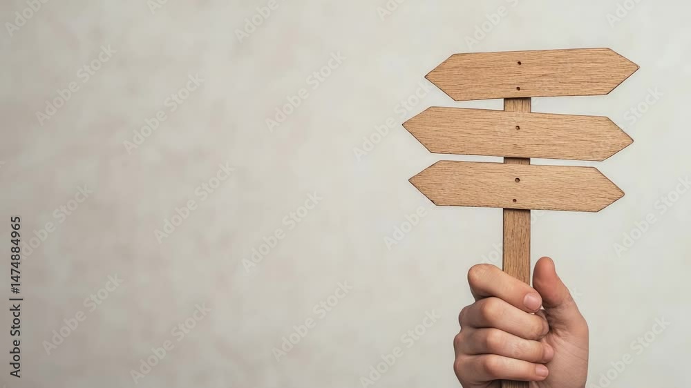 Poster Multiple views of a hand holding a wooden directional sign with blank arrows against a white background, creating a sense of choice and decision making