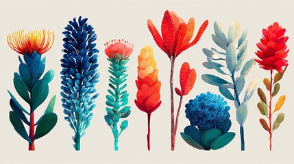 Fototapeta premium Botanical Beauty: A vibrant assortment of stylized exotic flowers showcases a rich palette of colors and unique textures in a modern, artistic arrangement.