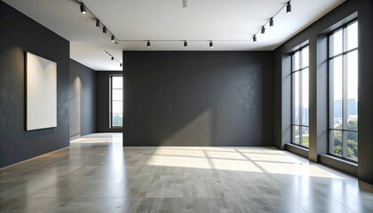 Empty dark gallery interior with large blank black wall for poster mockup and branding design, natural light from window highlights space.