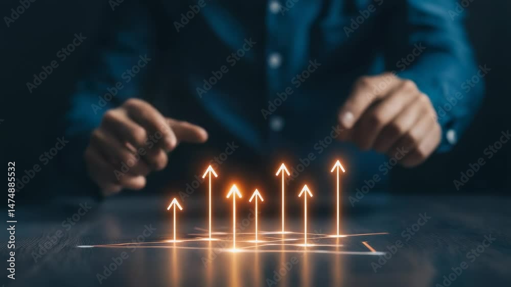 Poster corporate professional analyzing futuristic holographic financial projection, navigating investment 