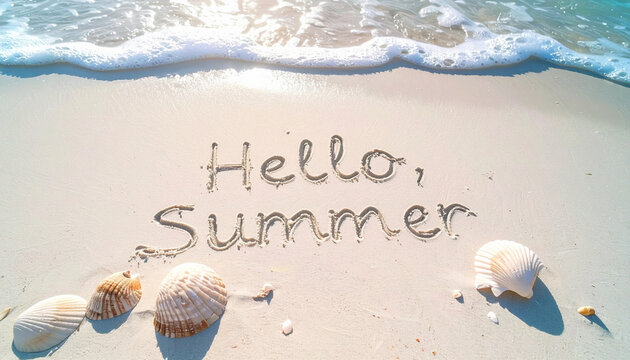 summer background with finger written text on sand and sunny beach vibe