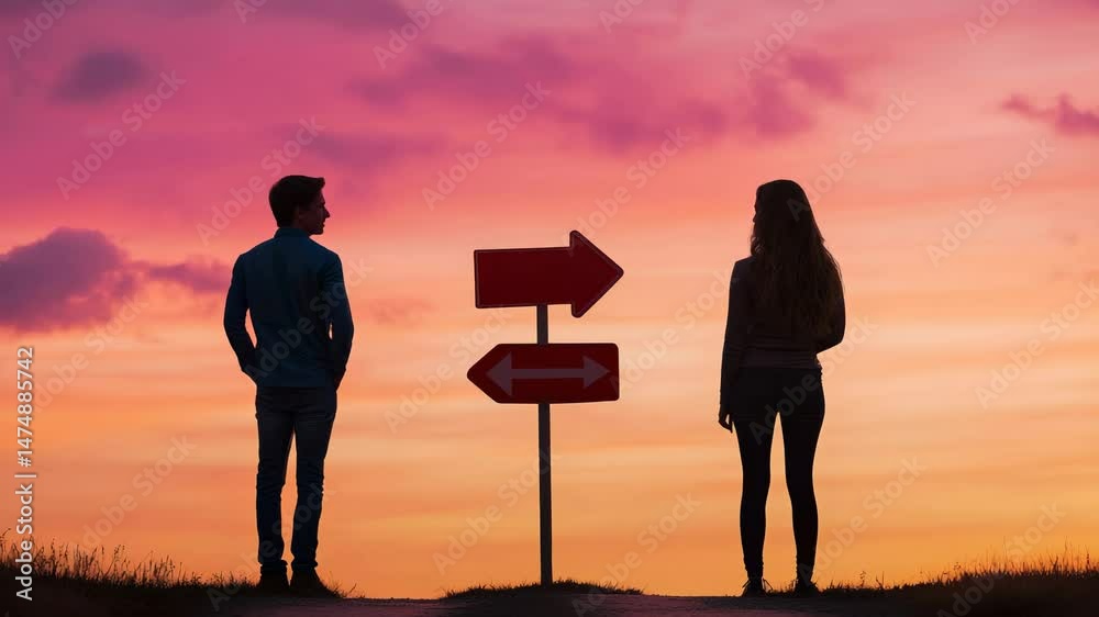 Poster Multiple views of a young couple facing a crossroads with two directional signs at sunset, symbolizing important life choices and the potential separation or divergence of paths