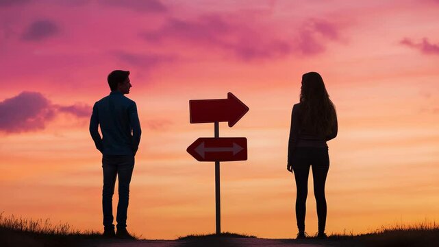 Multiple views of a young couple facing a crossroads with two directional signs at sunset, symbolizing important life choices and the potential separation or divergence of paths